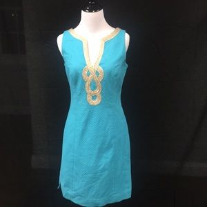 Lilly Pulitzer Aqua & Gold trim dress. Size 2